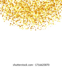  Gold Confetti auf weißem Hintergrund. Einzeln partikelförmige goldene Staubpartikel. Vektorillustration Round Bokeh. Abstrakte Geburtstagskarte. Random-Bridal-Hintergrund. Folie-GrenzeHintergrundbild zum Thema geometrisches Jubiläum.