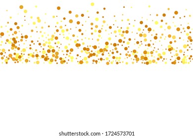Confetti de oro sobre fondo blanco. Partículas de polvo dorado aisladas. Resumen de la tarjeta de cumpleaños irlandés. Fondo del Aniversario Geométrico. Fondo de novia al azar. Borde de aceite. Bokeh redonda de vectores.