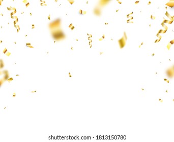 Gold confetti on white background. Falling shiny golden confetti frame. Bright golden festive tinsel. Luxury party backdrop. Holiday design elements for web banner, poster, flyer. Vector illustration.