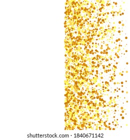 Gold Confetti on White Background. Isolated Golden Dust Particles. Vector Round Bokeh. Abstract Iridescent Birthday Card. Random Bridal Backdrop. Foil Border. Geometric Anniversary Backdrop.