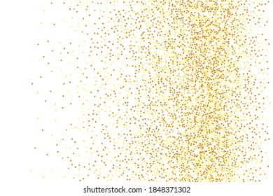 Gold Confetti on White Background. Isolated Golden Dust Particles. Random Bridal Backdrop. Foil Border. Geometric Anniversary Backdrop. Vector Round Bokeh. Abstract Iridescent Birthday Card.