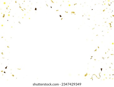 Gold confetti on white background. Festive background with golden tinsel and serpentine. Vector illustration.