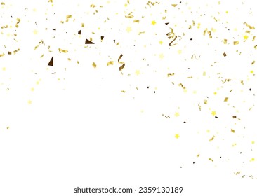 Goldkonfetti auf weißem Hintergrund. Illustration eines Tropfens glänzender Partikel. Dekoratives Element für Ihr Design, Karten, Einladungen, Geschenk, Vip.