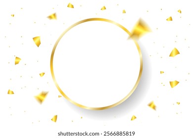 Gold Confetti on White Background with Blank Circle Frame. Celebration Party Banner. Vector Illustration