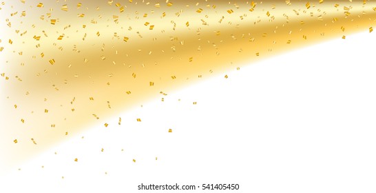 Gold confetti on white Christmas background. Golden sparkle, glitter dust. Abstract design Happy New Year card, greeting, Xmas holiday celebrate. Shine trail tail magic comet. Vector illustration