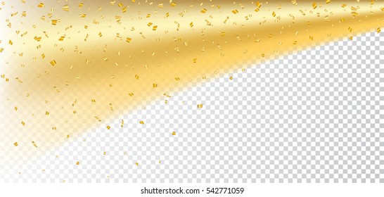 Gold confetti on white Christmas transparent background. Golden sparkle, glitter dust. Abstract design Happy New Year card, greeting, holiday celebrate. Shine trail tail comet Vector illustration