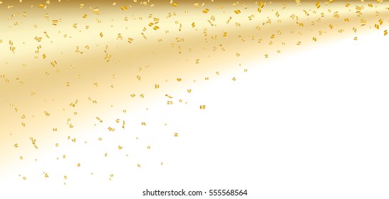 Gold confetti on white Christmas background. Golden sparkle, glitter dust. Abstract design Happy New Year card, greeting, Xmas holiday celebrate. Shine trail tail magic comet. Vector illustration