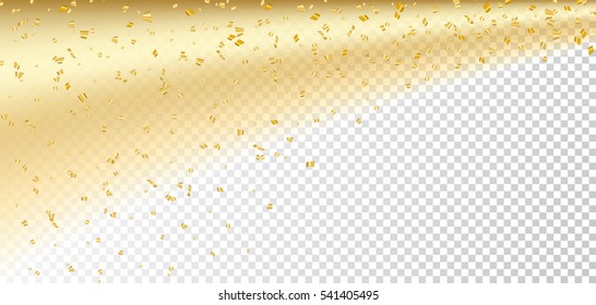 Gold confetti on white transparent Christmas background. Golden sparkle, glitter dust. Abstract design Happy New Year card, greeting, holiday celebrate. Shine trail tail comet Vector illustration