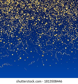 Fondo azul del vector del Partido del Confetti dorado. Afiche de Happy Streamer. Rama de Fiesta Espiral. Planta De Celebración Amarilla.