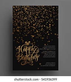 gold confetti polka dot background Size A4 vector illustration .Happy birthday lettering . EPS10