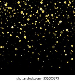 Gold confetti rain festive holiday background. Vector golden paper foil sequins falling down isolated on transparent background