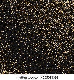 Gold confetti. Random scatter with gold confetti on black background. Vector illustration.