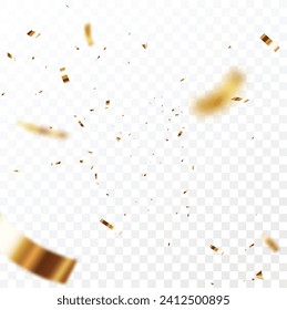 Gold confetti and ribbon background and banner, isolated on transparent background