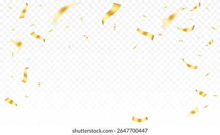 Gold confetti and ribbon background. Falling bright gold Glitter confetti, ribbon, stars celebration, serpentine on transparent background. vector illustration