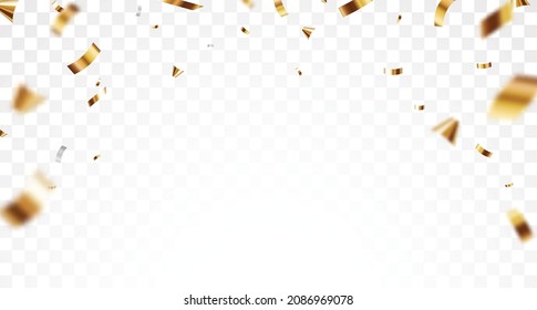 Gold confetti and ribbon background, isolated on transparent background