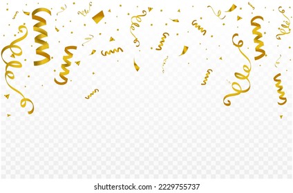 Gold confetti and ribbon background, isolated on transparent background