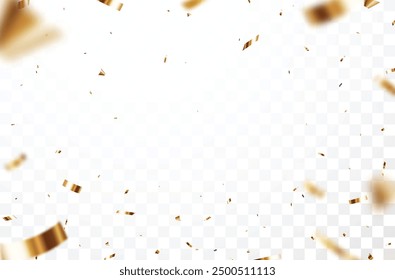 Gold confetti and ribbon background, isolated on transparent background