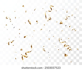 Gold confetti and ribbon background, isolated on transparent background