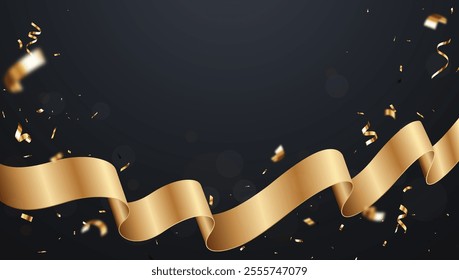 Gold confetti with ribbon banner, isolated on dark background