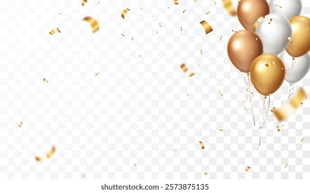 Gold confetti and ribbon celebrations balloons, isolated on transparent background