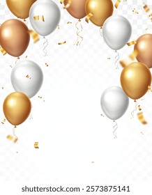 Gold confetti and ribbon celebrations balloons, isolated on transparent background