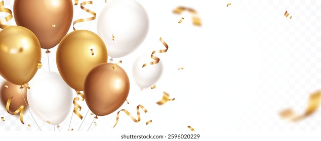 Gold confetti and ribbon celebrations balloons, banner
