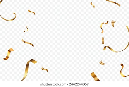 Gold confetti and ribbon falling on transparent background