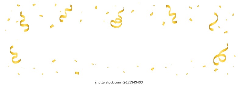 Gold Confetti and Ribbon Falling on White Background for Festive Celebrations. Vector Illustration