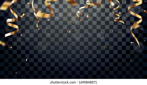 Gold confetti and ribbon, isolated on transparent background