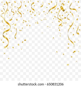 Gold Confetti And Ribbon Isolated On Transparent Background. Celebration.Explosion. Vector