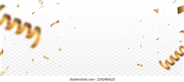 Gold confetti and ribbon luxury background, isolated on transparent background. Celebration background party decoration frame template.