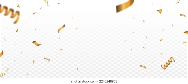 Gold confetti and ribbon luxury background, isolated on transparent background. Celebration background party decoration frame template.