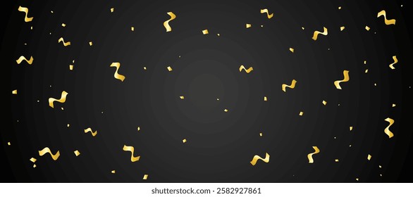 Gold Confetti and Ribbon on Black Background. Celebration Party Banner. Vector Illustration