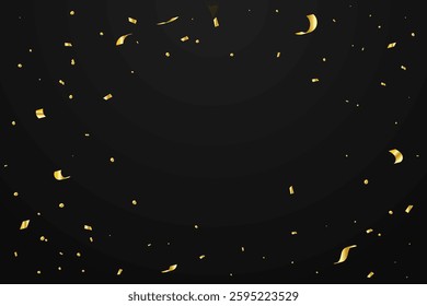 Gold Confetti and Ribbon on Black Background. Celebration Party Banner. Vector Illustration