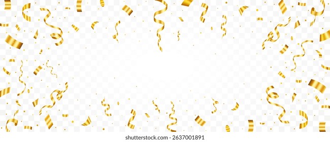 Gold confetti and ribbon on transparent background for celebratory design. Empty space background for celebrations or party themes. ribbon, confetti,