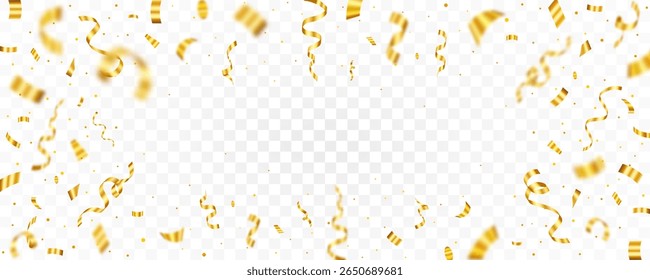 Gold confetti and ribbon on transparent background for celebratory design. Empty space background for celebrations or party themes.