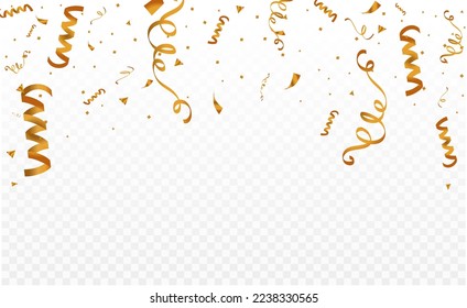 Gold confetti and ribbon, serpentine ribbons isolated on transparent vector background. 