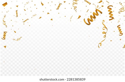 Gold confetti and ribbon, serpentine ribbons isolated on transparent vector background. 