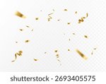 Gold confetti and ribbon streamers falling on a transparent background. Vector eps 10