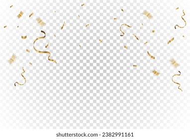 Gold confetti and ribbon streamers falling on a transparent background. blurred. Vector. eps 10