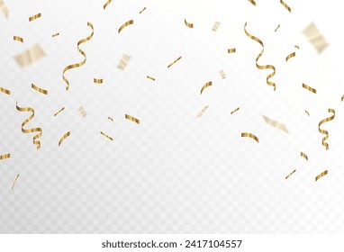 Gold confetti and ribbon streamers falling on a transparent background.Details. blur. Vector