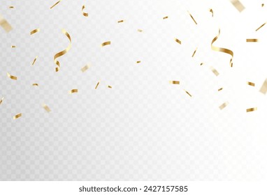 Gold confetti and ribbon streamers falling on a transparent background. blurred. Vector