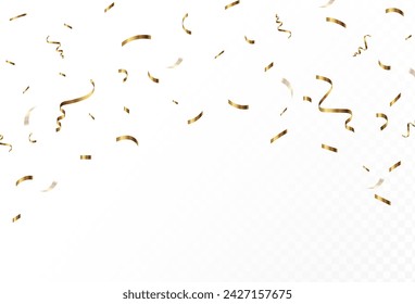 Gold confetti and ribbon streamers falling on a transparent background. Vector,eps10