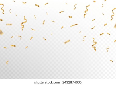 Gold confetti and ribbon streamers falling on a transparent background. blur. Simple design. Vector. eps 10