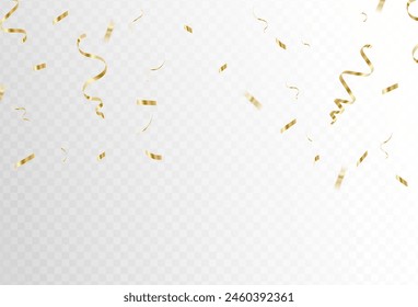 Gold confetti and ribbon streamers falling on a transparent background. Vector