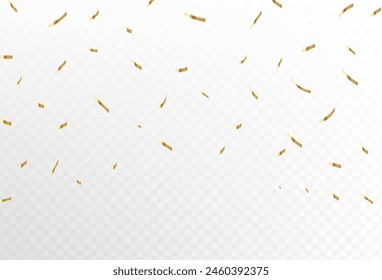 Gold confetti and ribbon streamers falling on a transparent background. Vector