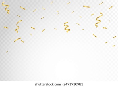 Gold confetti and ribbon streamers falling on a transparent background. blurred.  Vector. eps 10