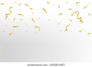 Gold confetti and ribbon streamers falling on a transparent background. blurred. celebration.vector.eps 10