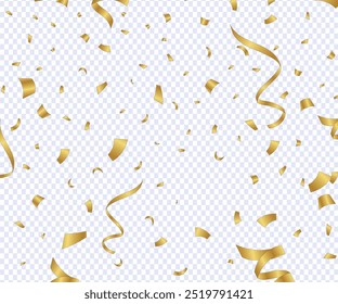 Confete de ouro e fitas caindo sobre um fundo transparente, Vetor de ouro confete Png. Confete caindo. Confete, serpentina, mexilhão. Decoração para o feriado. Aniversário