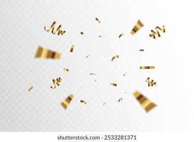 Gold confetti and ribbon streamers falling on a transparent background. blurred. Big and small,abstract frame,blurred,Vector. eps 10	